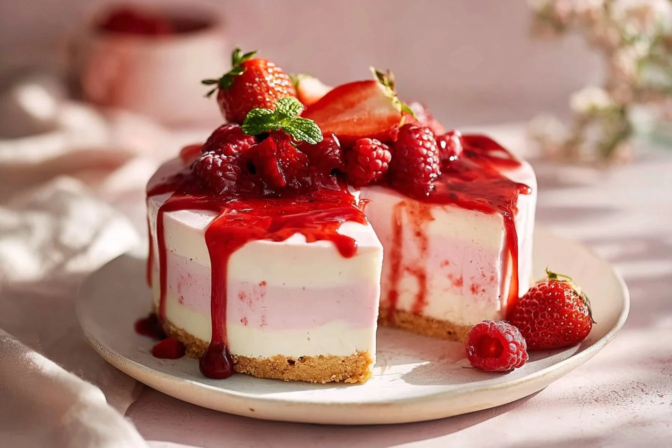 Strawberry Red Velvet Cheesecake topped with fresh strawberries