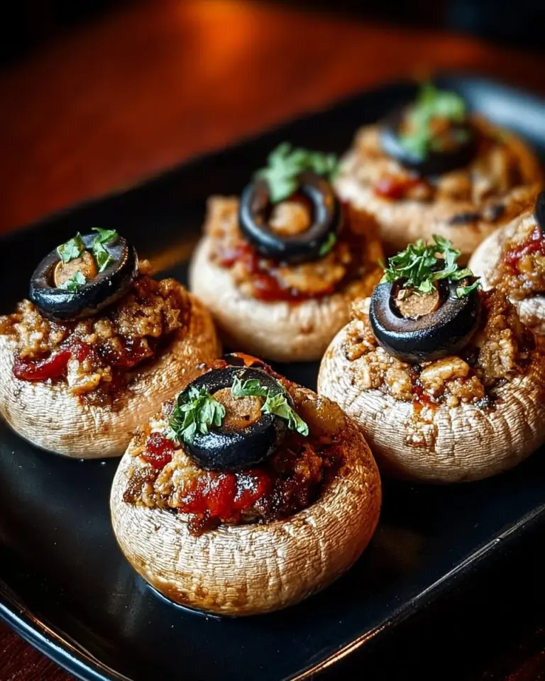 Halloween stuffed mushroom eyeballs appetizer with spooky decoration