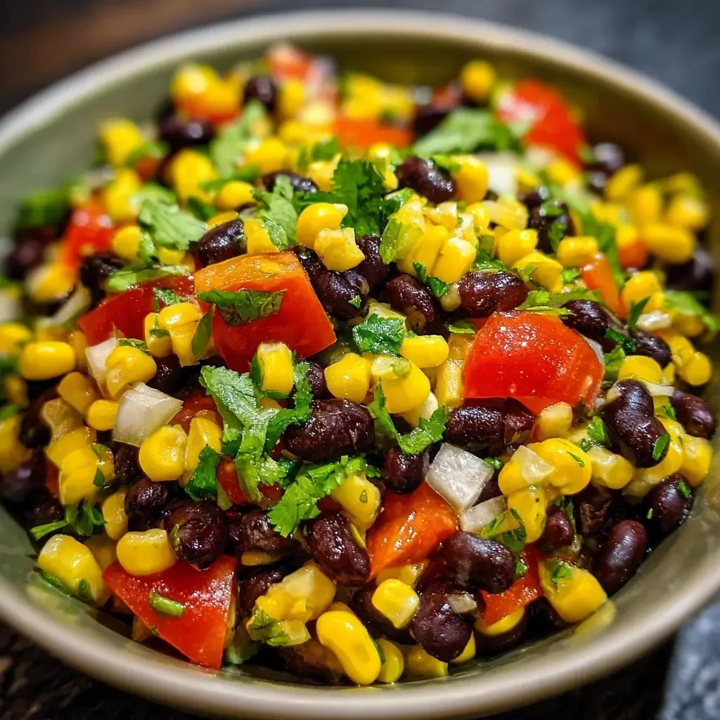 Sweet corn and black bean salad in a colorful bowl