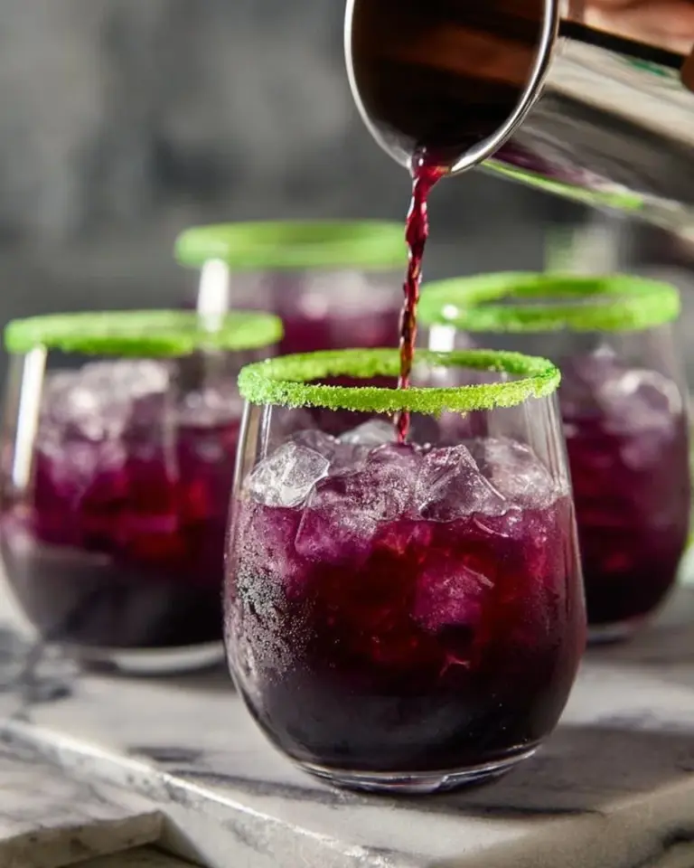 A spooky Drunk Witch Cocktail garnished with a slice of lime and rimmed with sugar.