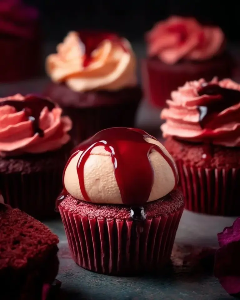 Vampire Bite Cupcakes with red frosting and chocolate 'bite' marks