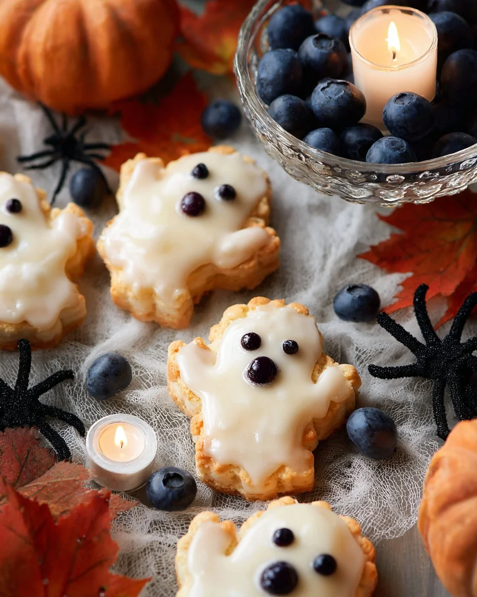 Vegan blueberry ghost hand pies ready for Halloween festivities