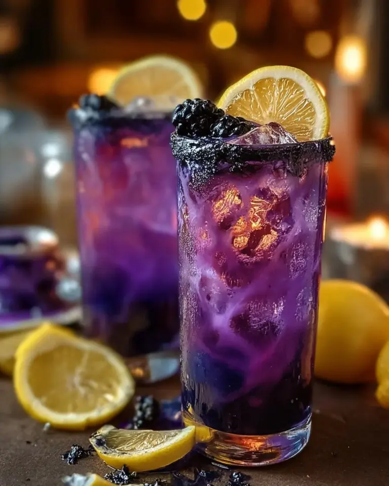 Refreshing Witches Brew Lemonade in a glass with lemon slices and mint leaves.