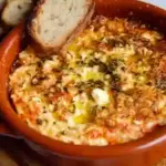 Creamy baked feta dip served with fresh vegetables and bread