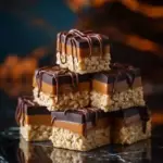 Chocolate Caramel Rice Krispie Treats with chocolate drizzle and caramel topping