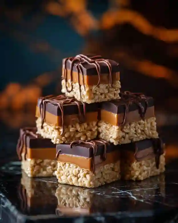Chocolate Caramel Rice Krispie Treats with chocolate drizzle and caramel topping