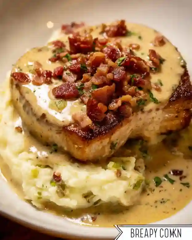 Creamy bacon pork chops served with a side of vegetables