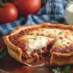 Delicious deep dish pizza pie with gooey cheese and fresh toppings