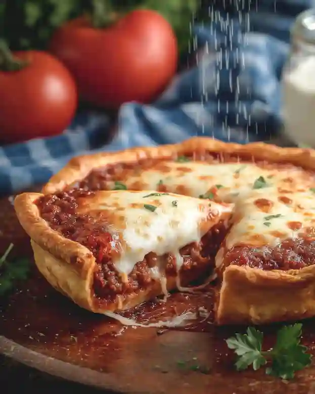 Delicious deep dish pizza pie with gooey cheese and fresh toppings