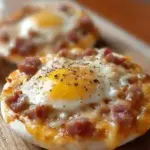 Delicious English Muffin Breakfast Pizza topped with eggs, cheese, and veggies
