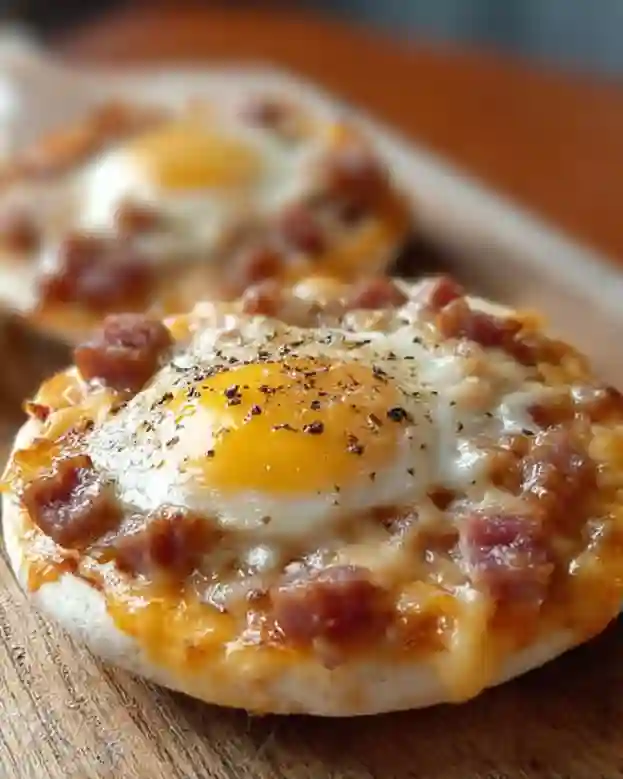 Delicious English Muffin Breakfast Pizza topped with eggs, cheese, and veggies