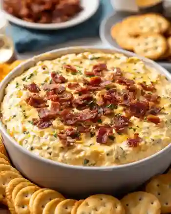Delicious hot smoked gouda bacon dip served in a dish