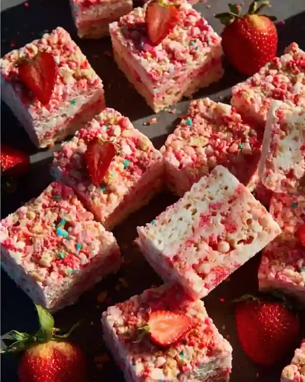 Strawberry Shortcake Rice Krispie Treats on a plate with fresh strawberries.
