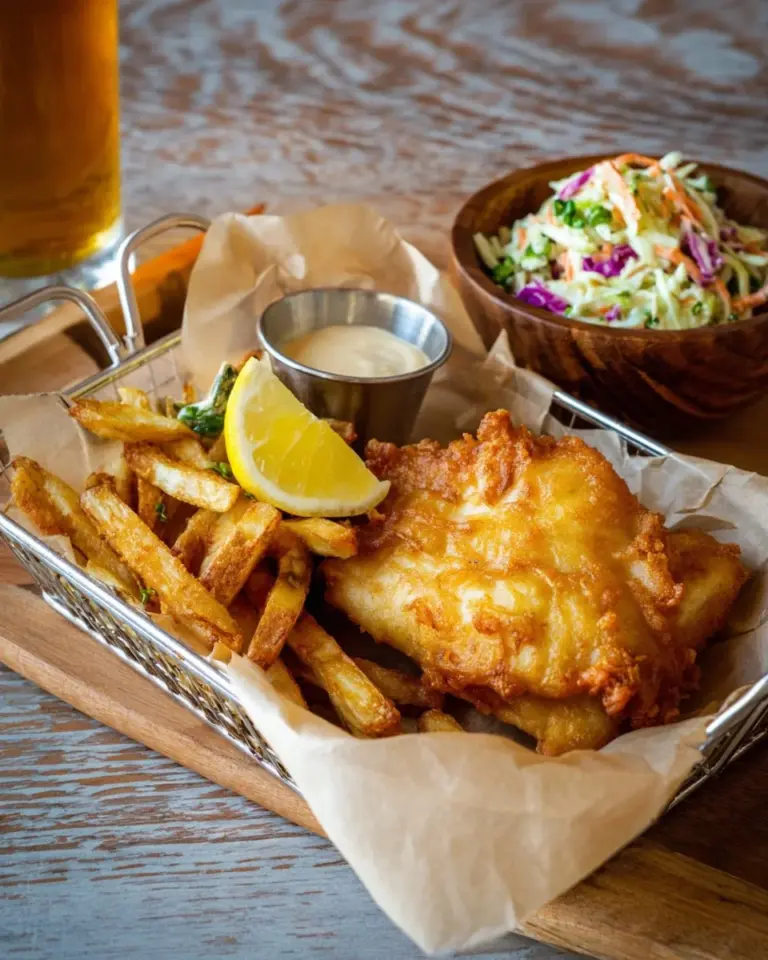 Crispy air fried beer battered fish served with lemon and tartar sauce.
