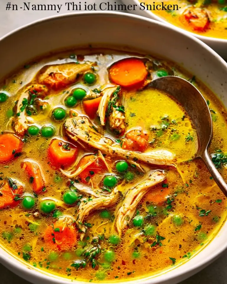 Bowl of anti-inflammatory turmeric chicken soup with herbs and spices