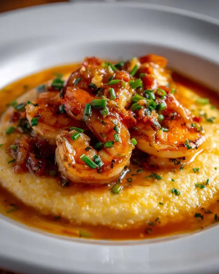 Delicious plate of authentic Southern shrimp and grits topped with parsley