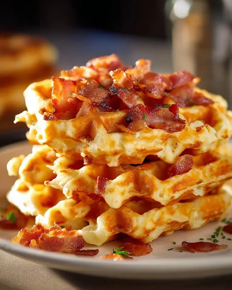 Bacon and cheese loaded hashbrown waffles stacked on a plate