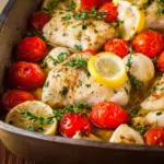Baked catfish dish with fresh tomatoes and lemon, garnished beautifully.