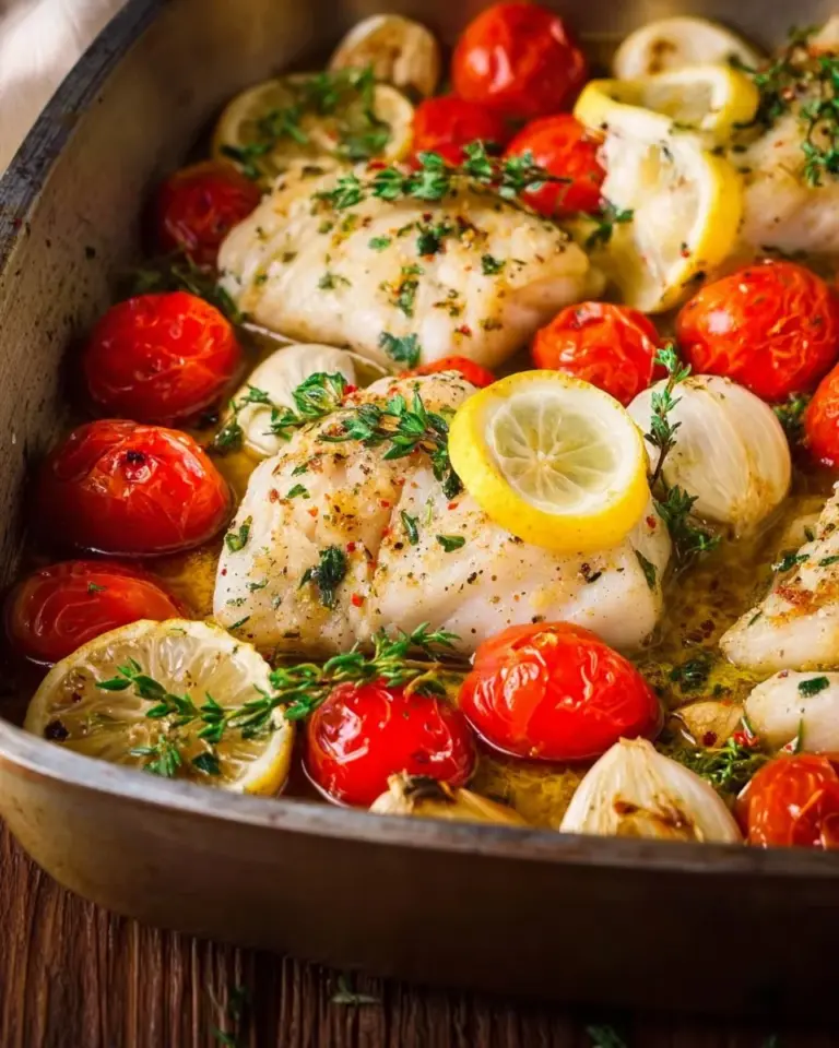 Baked catfish dish with fresh tomatoes and lemon, garnished beautifully.