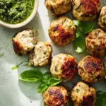 Plate of baked pesto meatballs garnished with basil and parmesan cheese.