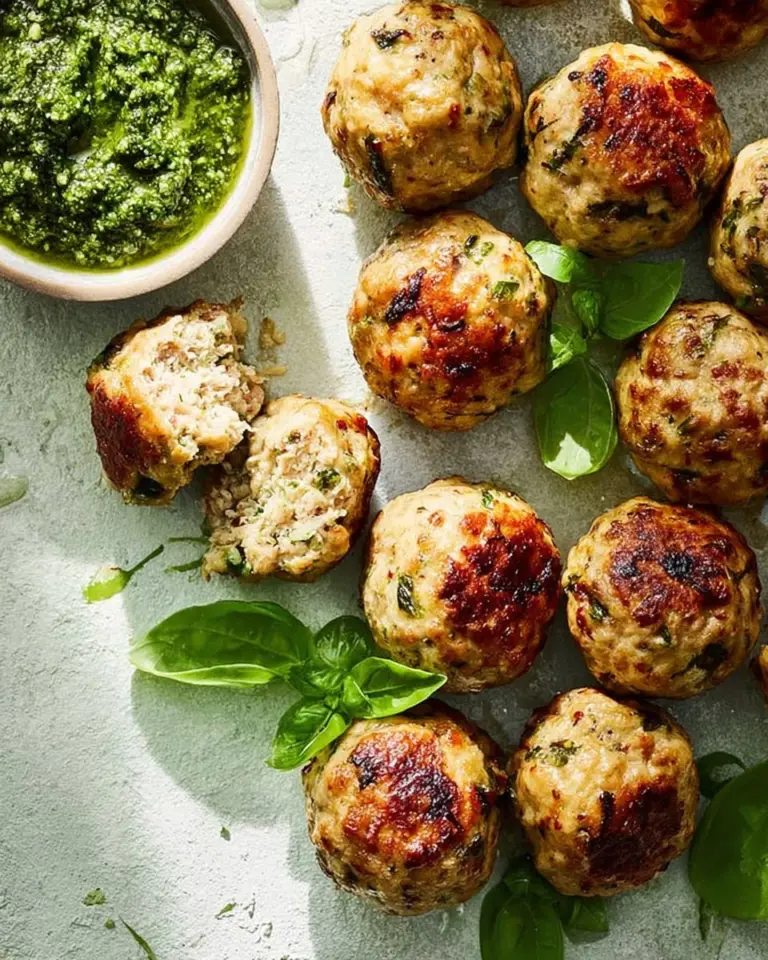 Plate of baked pesto meatballs garnished with basil and parmesan cheese.