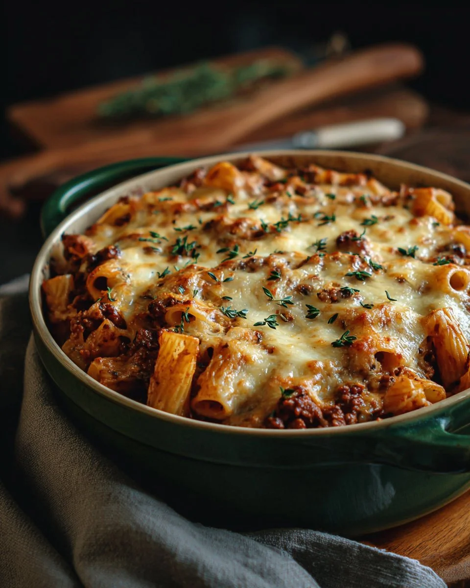 Baked rigatoni with sausage and Boursin cheese in a ceramic dish