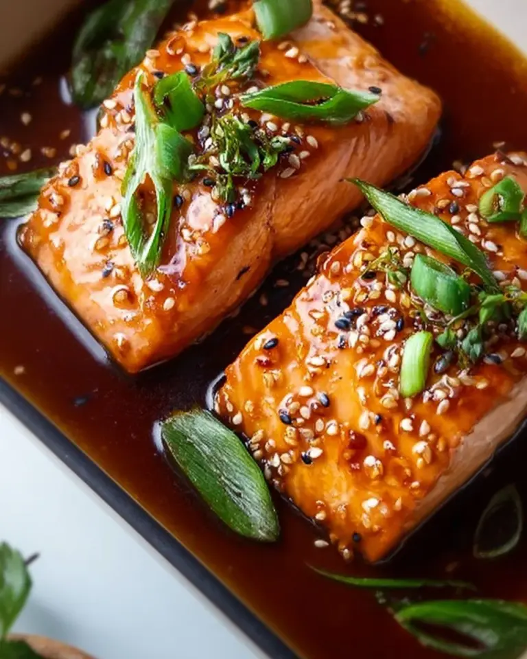 Baked teriyaki salmon on a plate with vegetables and rice