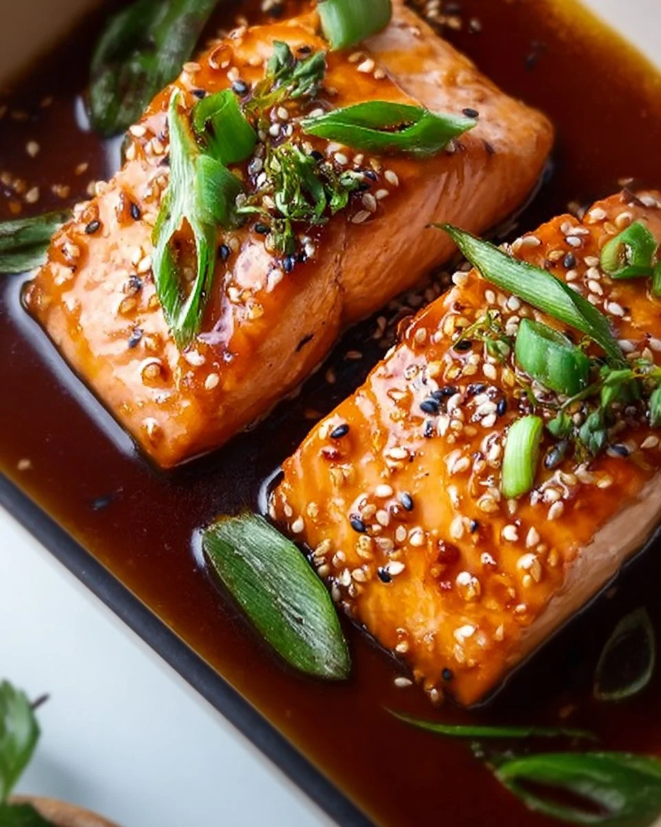 Baked teriyaki salmon on a plate with vegetables and rice