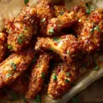 Plate of delicious Bang Bang Chicken garnished with green onions and sesame seeds.