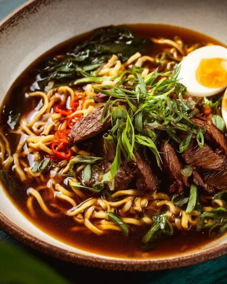 Delicious bowl of beef ramen noodle soup with fresh ingredients and spices