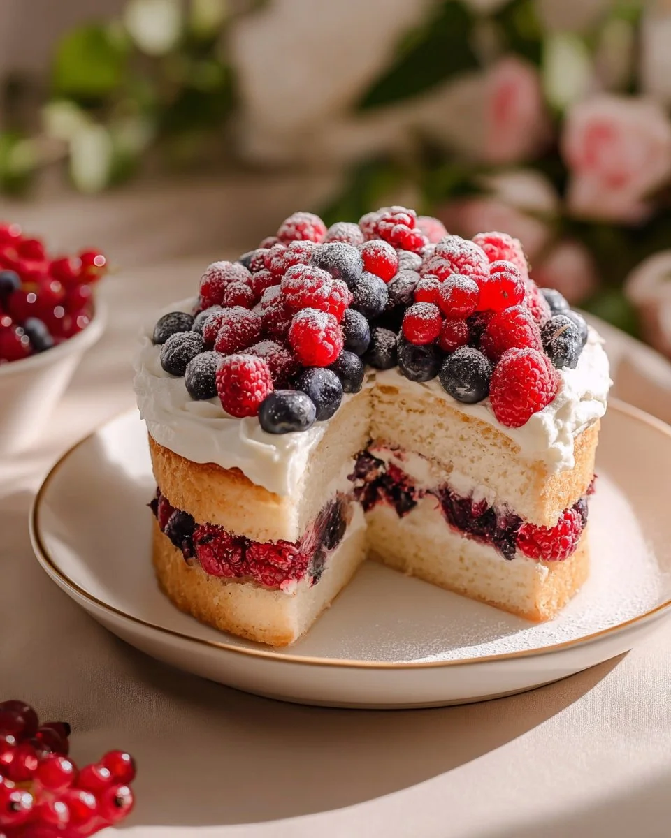 Delicious Berry Chantilly Cake topped with fresh berries and whipped cream