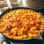 A delicious serving of Southern Baked Mac and Cheese topped with golden breadcrumbs.