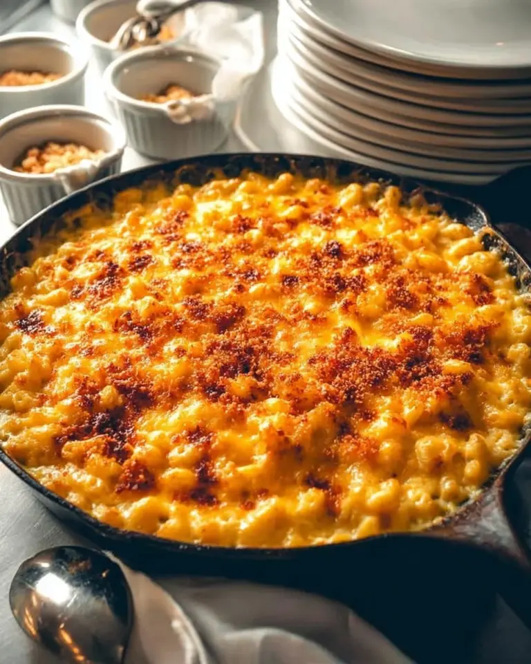 A delicious serving of Southern Baked Mac and Cheese topped with golden breadcrumbs.