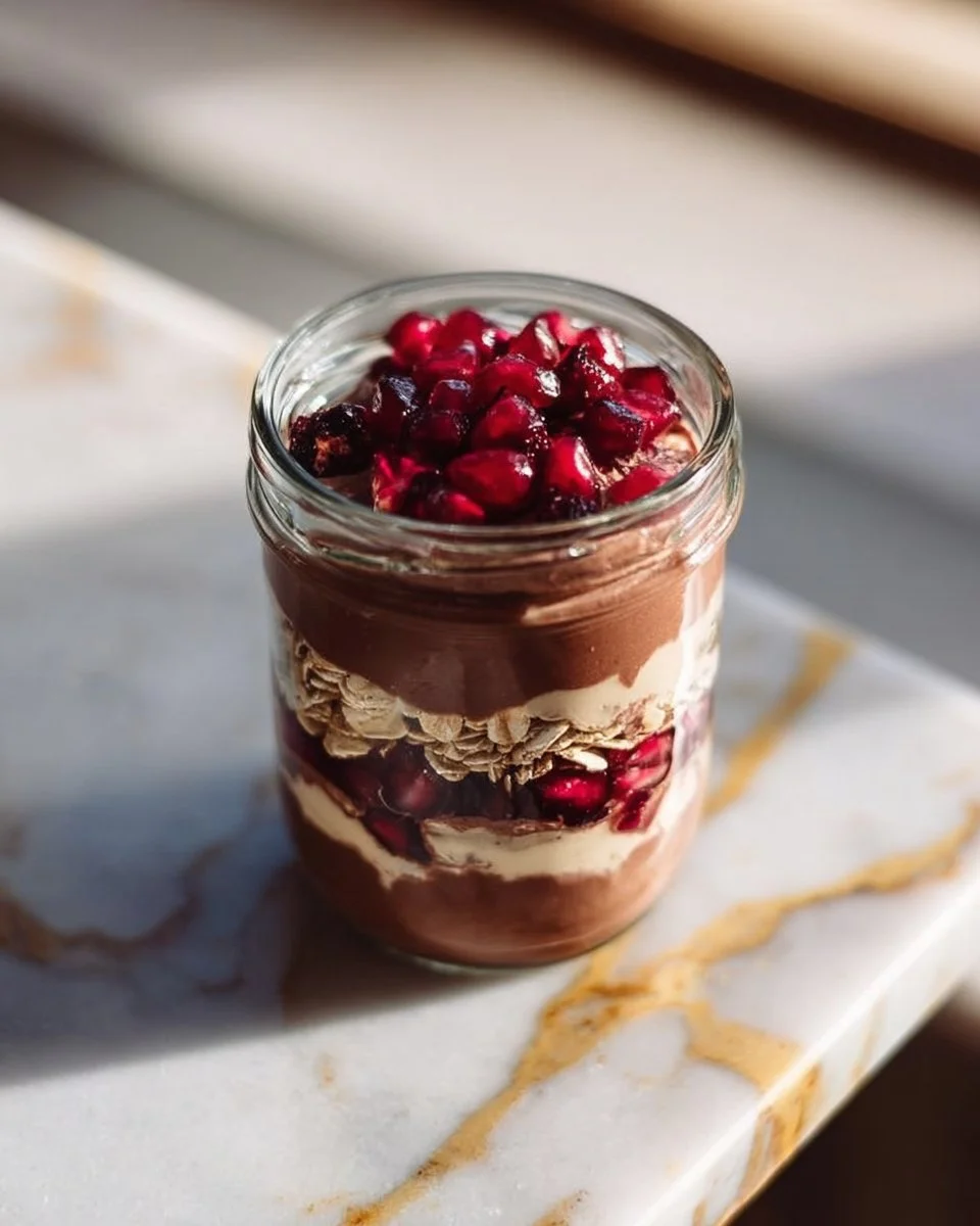 Delicious Black Forest Cake Inspired Overnight Oats topped with cherries and chocolate shavings