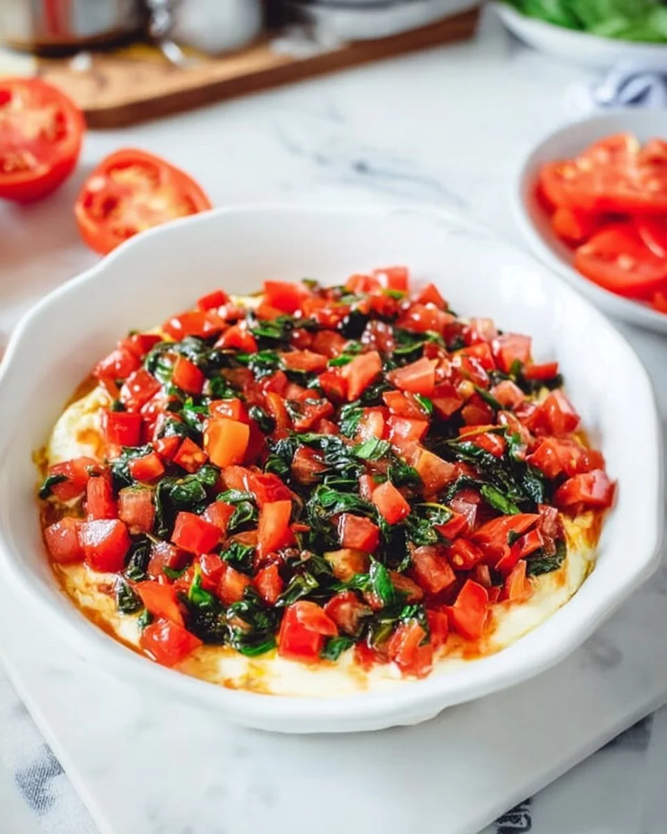 Boursin Bruschetta Dip served in a bowl with fresh toppings