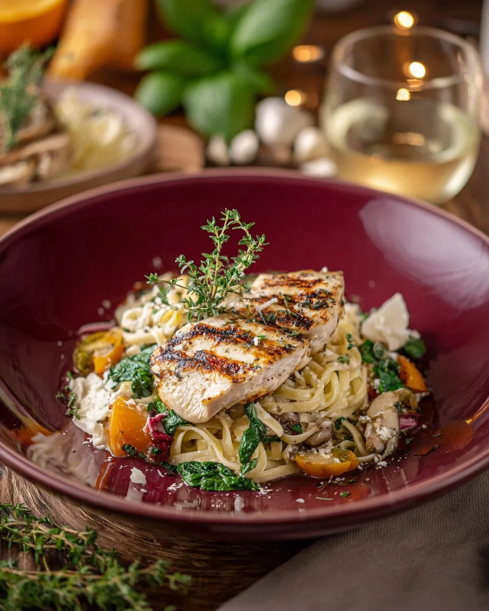 Boursin Orzo Bake with Chicken and Vegetables in a casserole dish
