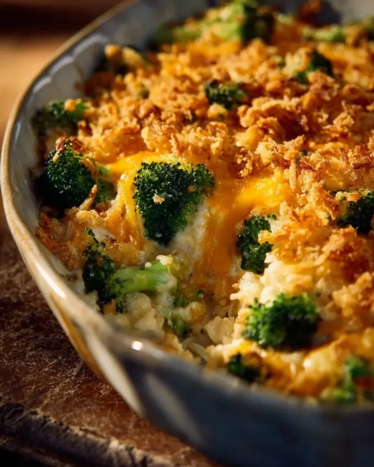 Delicious Broccoli Chicken Rice Casserole served in a baking dish