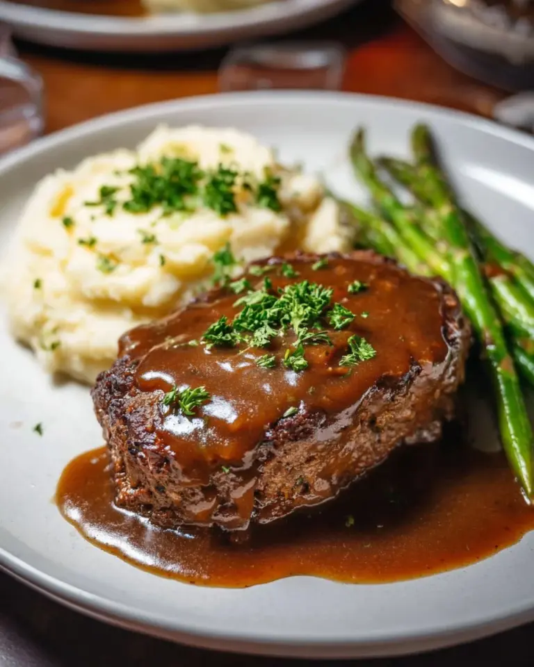 Delicious brown gravy smothered hamburger steak served on a plate