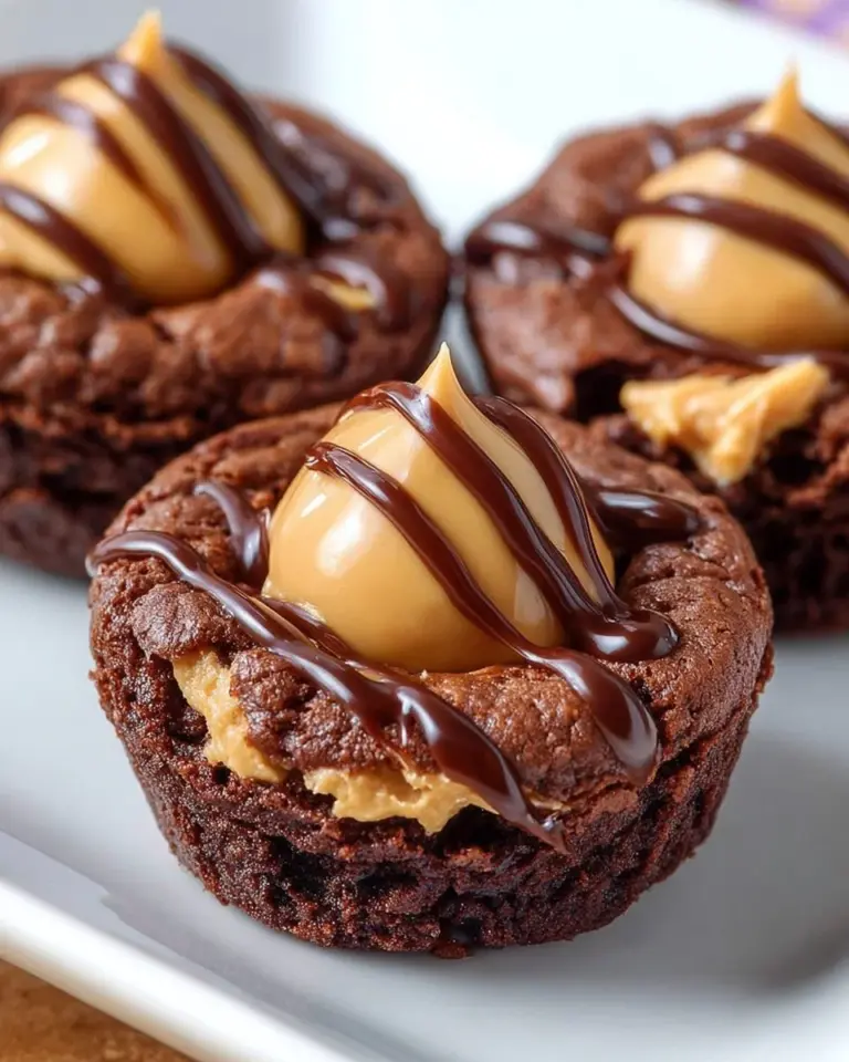 Brownie Bites topped with peanut butter balls in a dessert setting