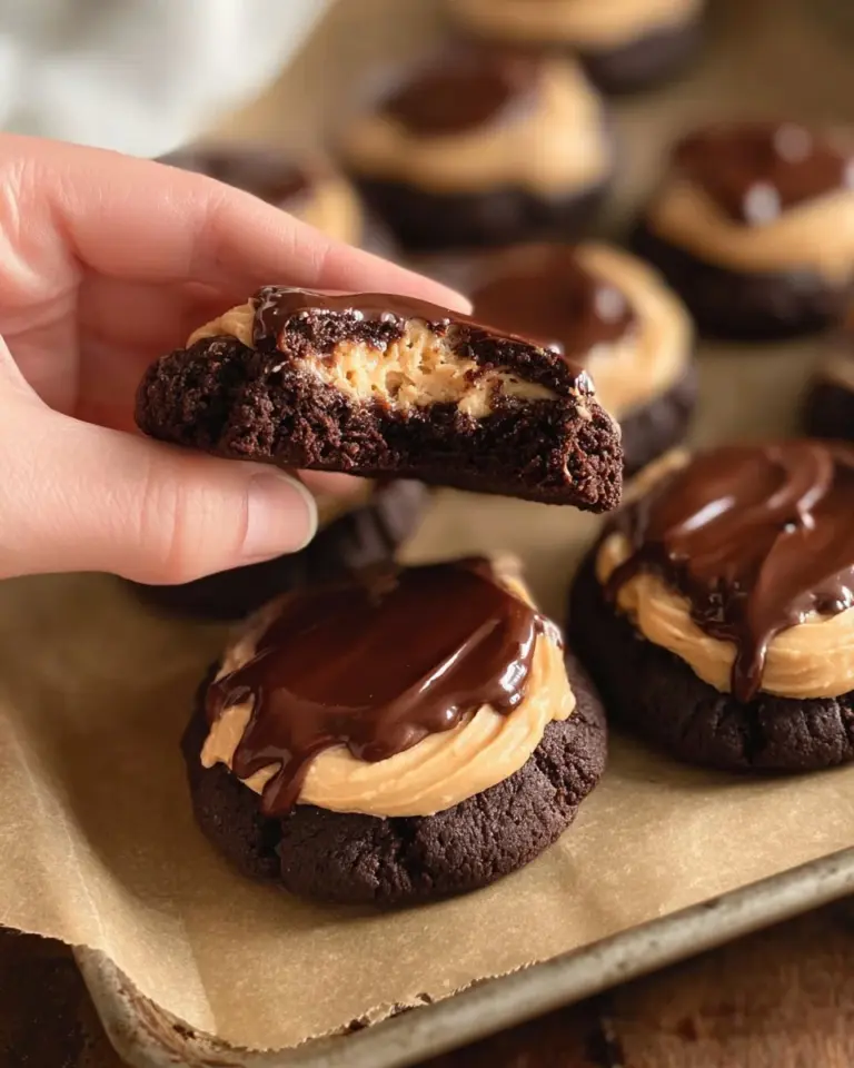 Brownie cookies with peanut butter frosting and chocolate ganache on a plate