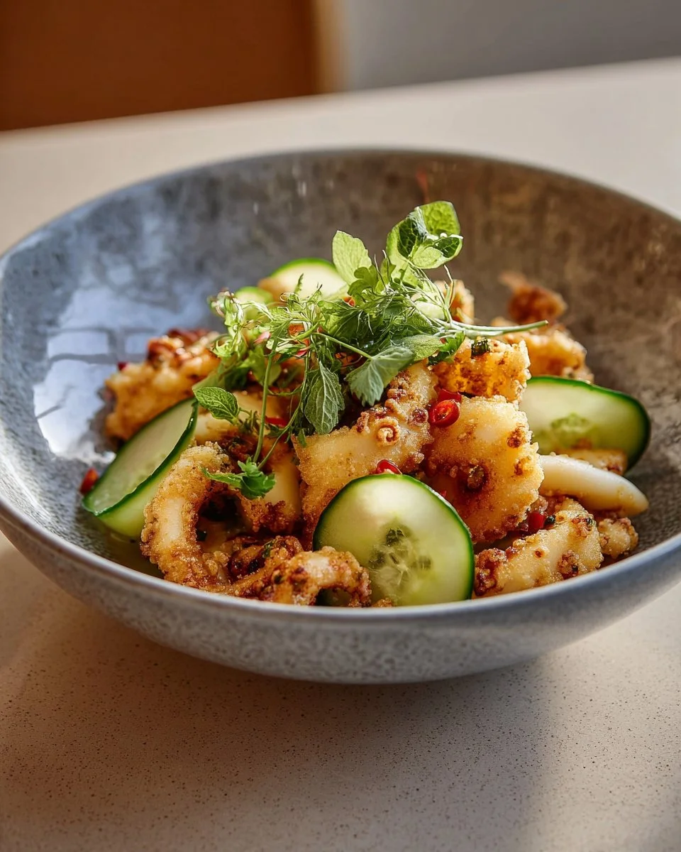 Plate of Butter Calamari garnished with herbs and spices