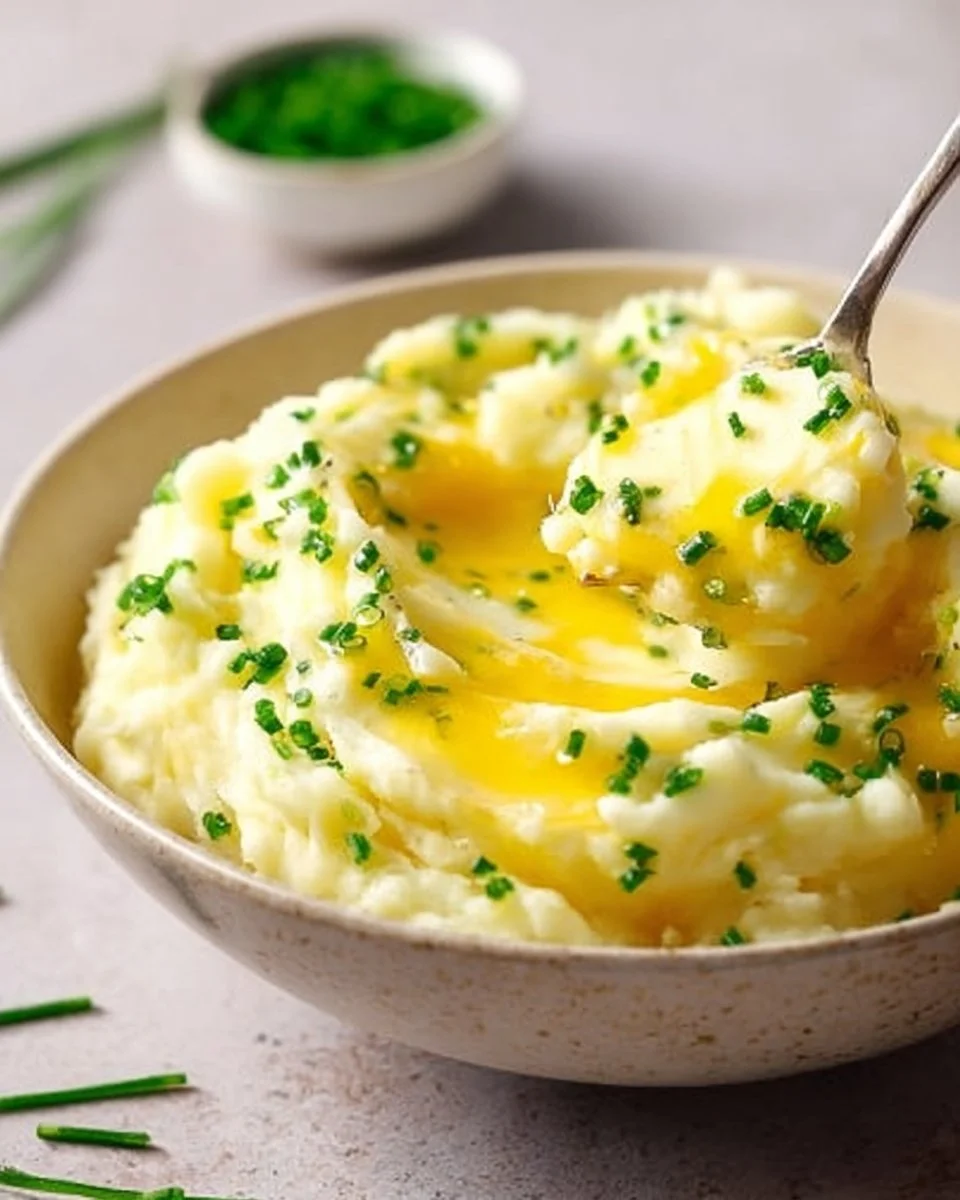 Buttery Instant Pot garlic mashed potatoes in a serving bowl