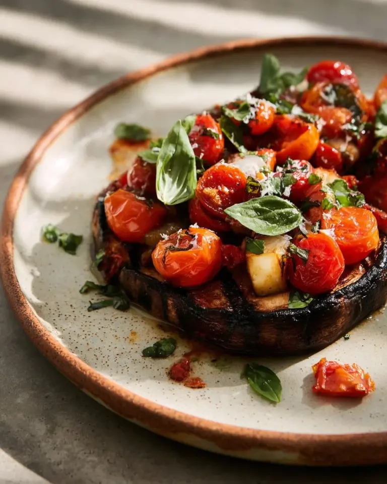 Caprese stuffed Portobello mushrooms topped with fresh basil and balsamic glaze