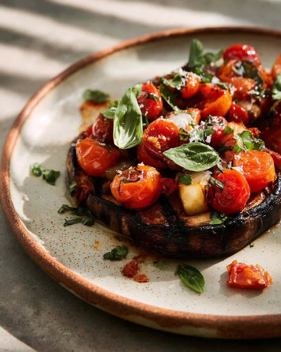 Caprese stuffed Portobello mushrooms topped with fresh basil and balsamic glaze