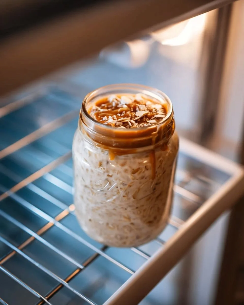 Caramel Chia Oat Jar with layered oats and chia seeds