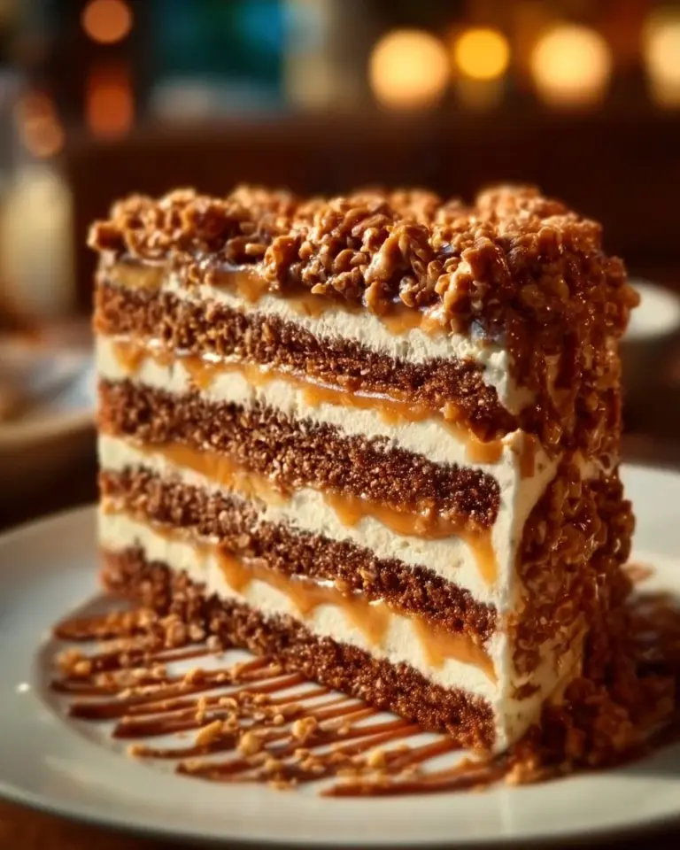 Delicious Caramel Toffee Crunch Cake with layers of caramel and toffee crunch