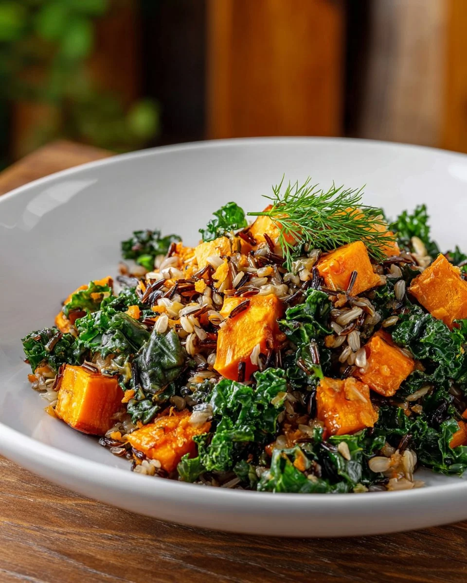 Bowl of caramelized sweet potato and kale fried wild rice garnished with herbs