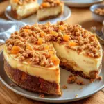 Slice of carrot cake cheesecake topped with cream cheese frosting and carrot shavings.