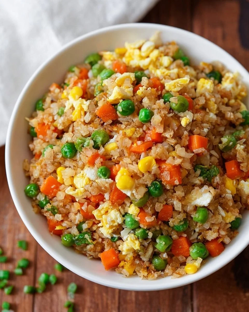 Bowl of healthy cauliflower fried rice with vegetables and herbs