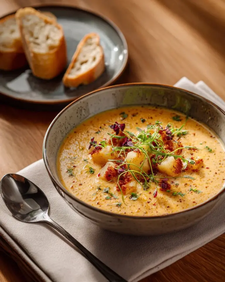 Bowl of Cheddar Garlic Herb Potato Soup garnished with herbs and cheese